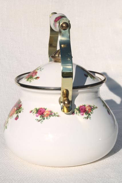 photo of 80s vintage porcelain enamel metal tea kettle, Old Country Roses Royal Albert china go-along #4