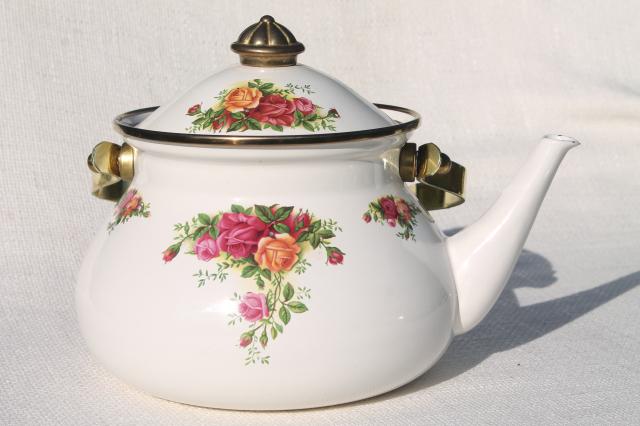 photo of 80s vintage porcelain enamel metal tea kettle, Old Country Roses Royal Albert china go-along #5