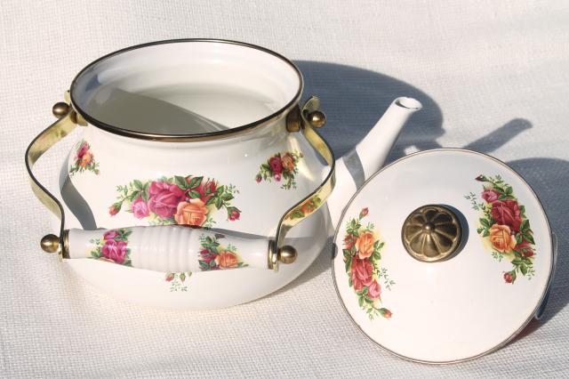 photo of 80s vintage porcelain enamel metal tea kettle, Old Country Roses Royal Albert china go-along #7