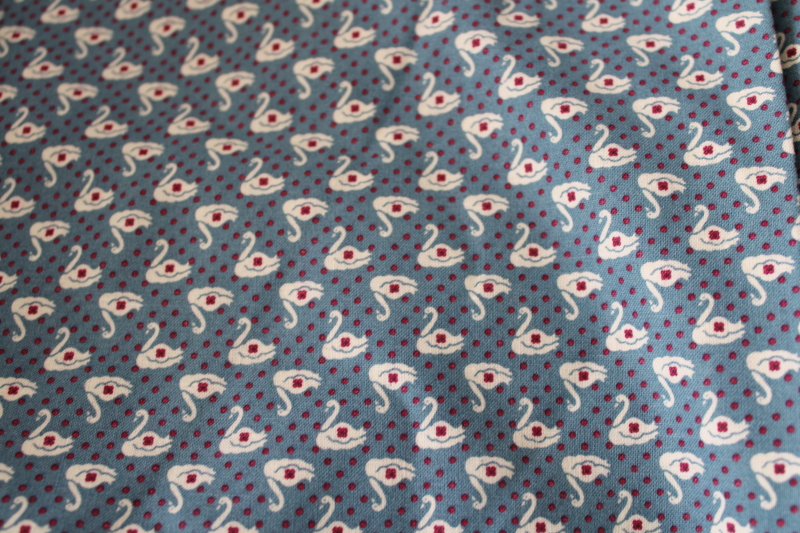 photo of 80s vintage print cotton fabric, colonial slate blue w/ swans ivory & barn red #1