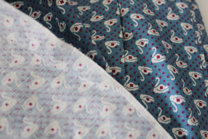 photo of 80s vintage print cotton fabric, colonial slate blue w/ swans ivory & barn red #3