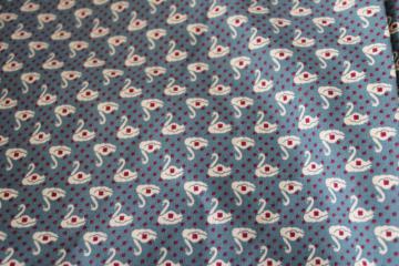 catalog photo of 80s vintage print cotton fabric, colonial slate blue w/ swans ivory & barn red