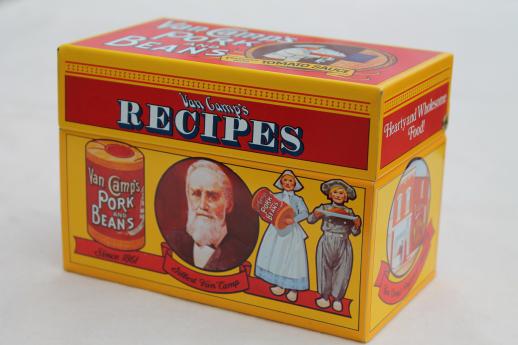 photo of 80s vintage recipe card box, Van Camp's beans advertising tin card file for recipes #1