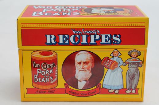 photo of 80s vintage recipe card box, Van Camp's beans advertising tin card file for recipes #2