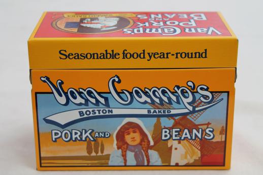 photo of 80s vintage recipe card box, Van Camp's beans advertising tin card file for recipes #5