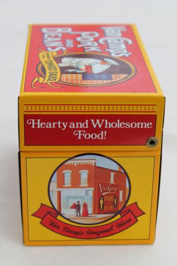 photo of 80s vintage recipe card box, Van Camp's beans advertising tin card file for recipes #6