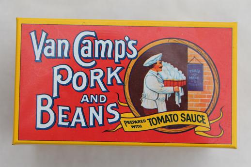 photo of 80s vintage recipe card box, Van Camp's beans advertising tin card file for recipes #9