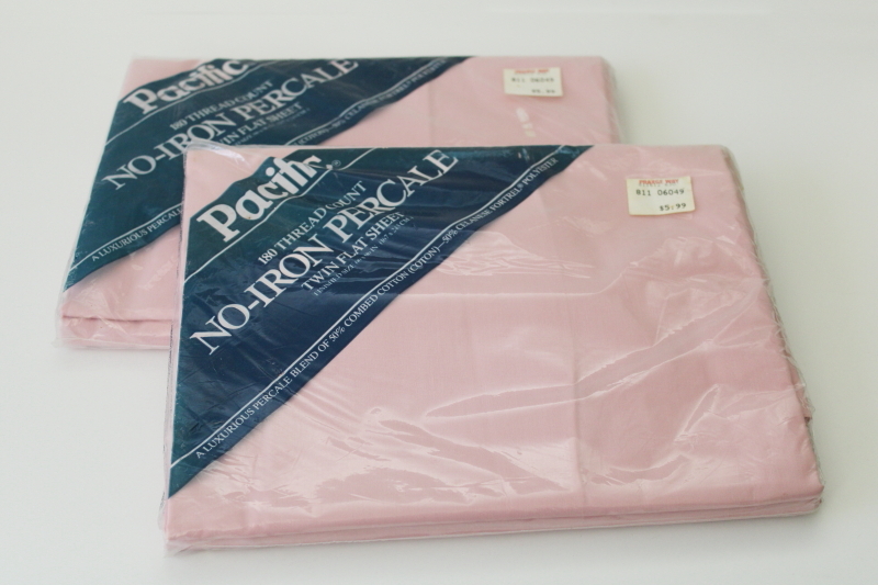 photo of 80s vintage rose pink cotton / poly percale bed sheets, pair twin flat new in package #1