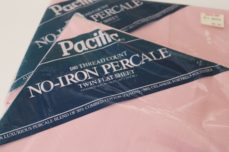 photo of 80s vintage rose pink cotton / poly percale bed sheets, pair twin flat new in package #2