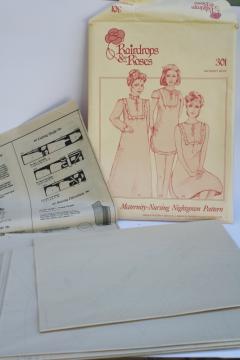 catalog photo of 80s vintage sewing pattern maternity nursing nightgown, classic ruffled yoke style three variations 