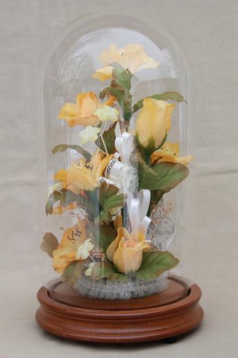 photo of 80s vintage silk flowers under glass cloche, display dome cover w/ wood base #2