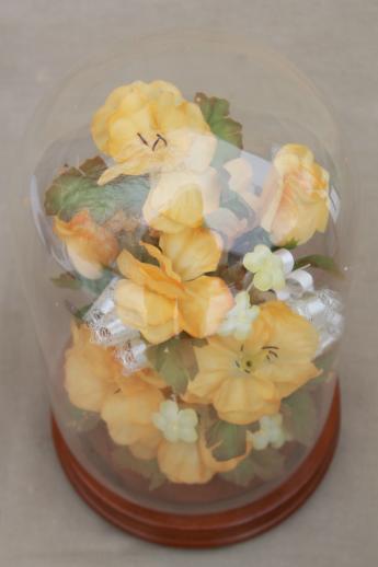 photo of 80s vintage silk flowers under glass cloche, display dome cover w/ wood base #3