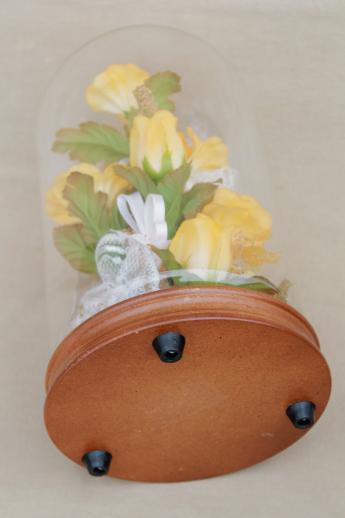 photo of 80s vintage silk flowers under glass cloche, display dome cover w/ wood base #4