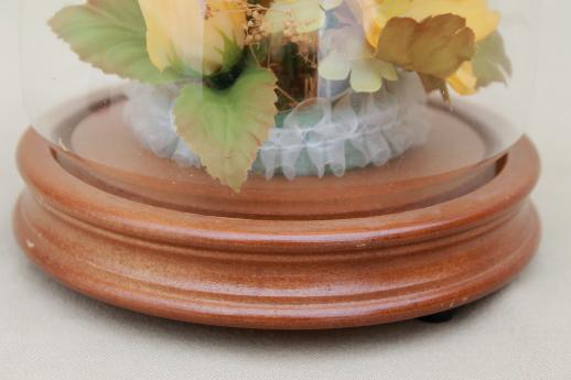 photo of 80s vintage silk flowers under glass cloche, display dome cover w/ wood base #5