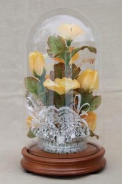 catalog photo of 80s vintage silk flowers under glass cloche, display dome cover w/ wood base