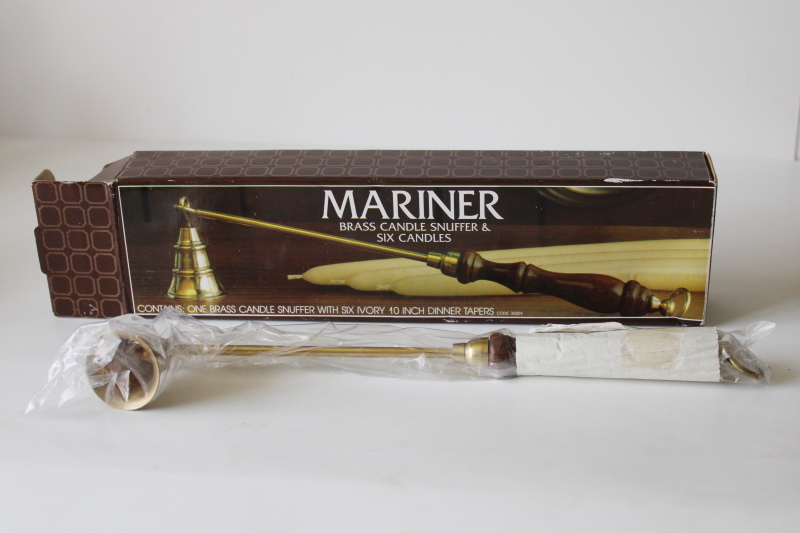 photo of 80s vintage solid brass candle snuffer w/ wood handle mint in box, Beacon Hill Mariner colonial style  #1