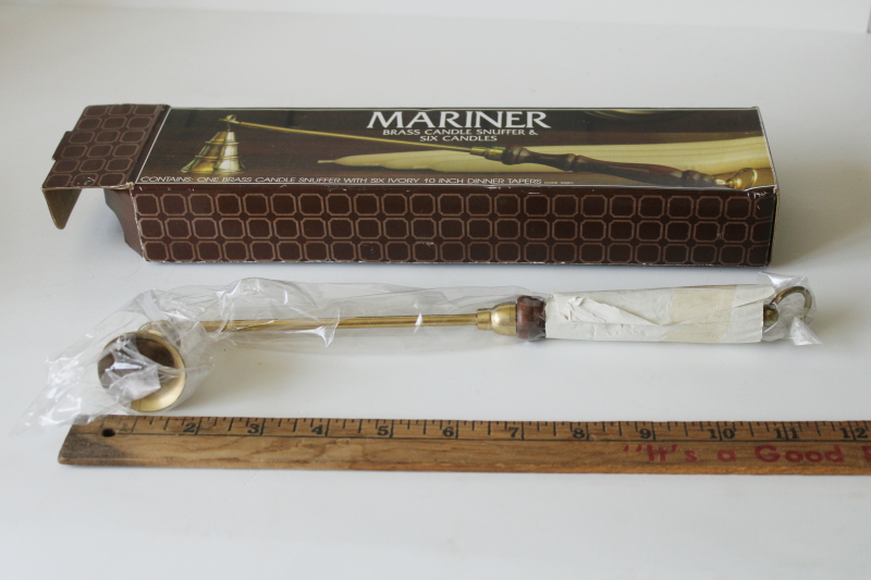 photo of 80s vintage solid brass candle snuffer w/ wood handle mint in box, Beacon Hill Mariner colonial style  #4