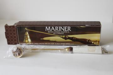 catalog photo of 80s vintage solid brass candle snuffer w/ wood handle mint in box, Beacon Hill Mariner colonial style 