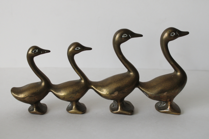 photo of 80s vintage solid brass ducks in a row or family of geese, brass animals figurine  #1