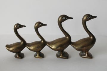 catalog photo of 80s vintage solid brass ducks in a row or family of geese, brass animals figurine 