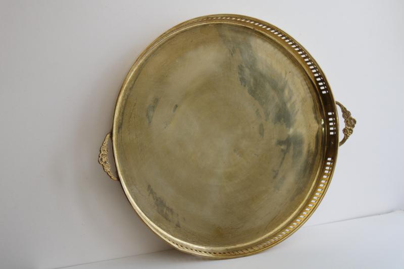 photo of 80s vintage solid brass serving tray, round cocktail tray barware drinks #7