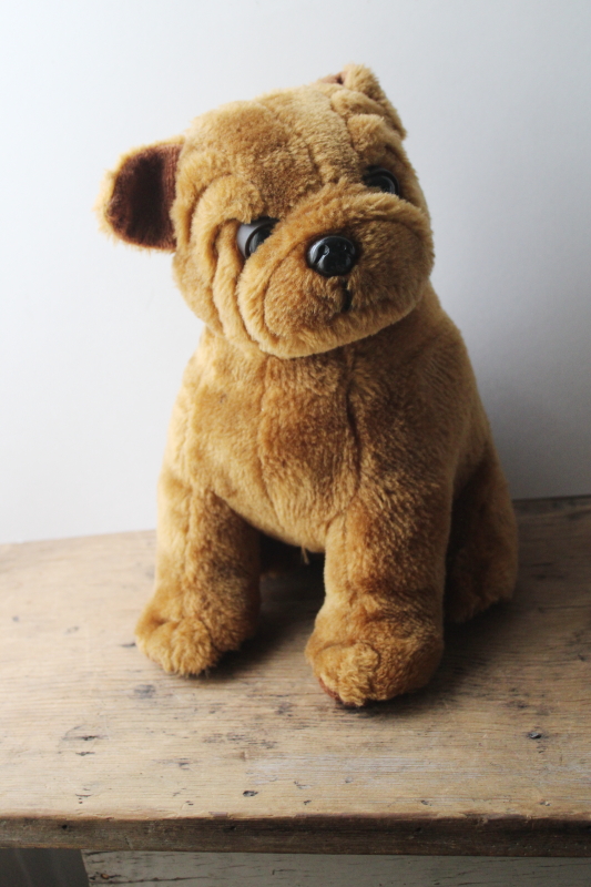 photo of 80s vintage stuffed toy dog, brown wrinkled shar-pei or bulldog plush animal w/ sweet face #1