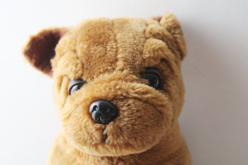 photo of 80s vintage stuffed toy dog, brown wrinkled shar-pei or bulldog plush animal w/ sweet face  #2