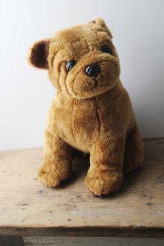 80s vintage stuffed toy dog, brown wrinkled shar-pei or bulldog plush animal w/ sweet face 