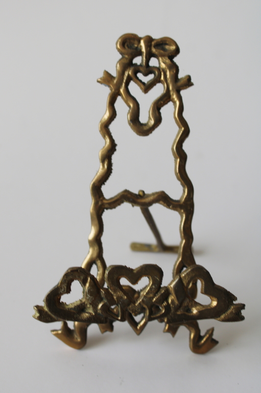 photo of 80s vintage tiny brass easel to hold photo, small art or print, hearts & bows display stand  #1