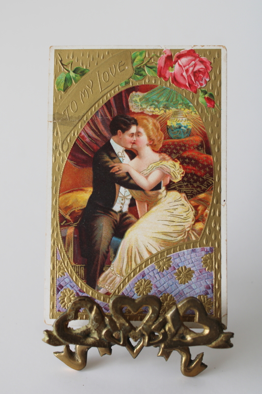 photo of 80s vintage tiny brass easel to hold photo, small art or print, hearts & bows display stand  #2