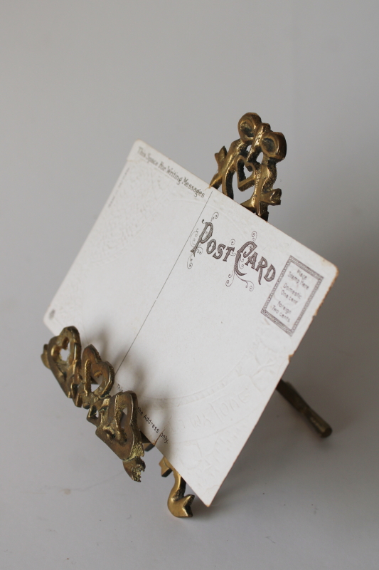 photo of 80s vintage tiny brass easel to hold photo, small art or print, hearts & bows display stand  #3