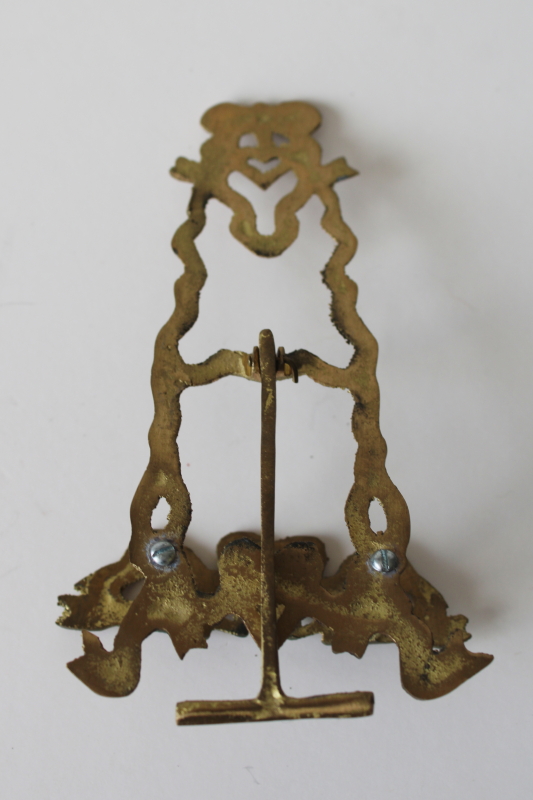photo of 80s vintage tiny brass easel to hold photo, small art or print, hearts & bows display stand  #4