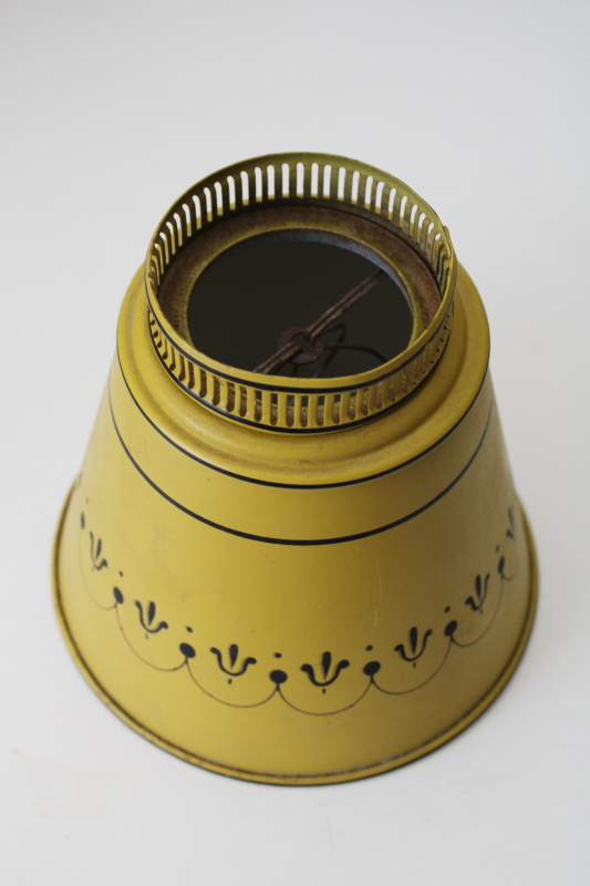 photo of 80s vintage tole metal lampshade, small clip on light bulb shade mustard gold w/ black  #5