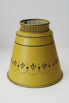 catalog photo of 80s vintage tole metal lampshade, small clip on light bulb shade mustard gold w/ black 
