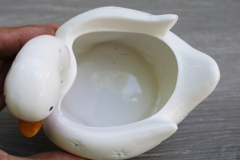 photo of 80s vintage white goose ceramic planter blue dots quilted look cute & country  #2