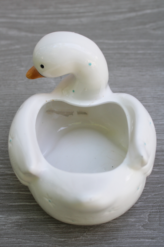 photo of 80s vintage white goose ceramic planter blue dots quilted look cute & country  #3