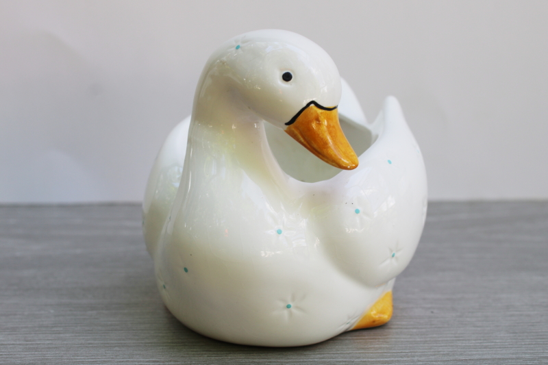 photo of 80s vintage white goose ceramic planter blue dots quilted look cute & country  #6