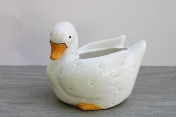 catalog photo of 80s vintage white goose ceramic planter blue dots quilted look cute & country 