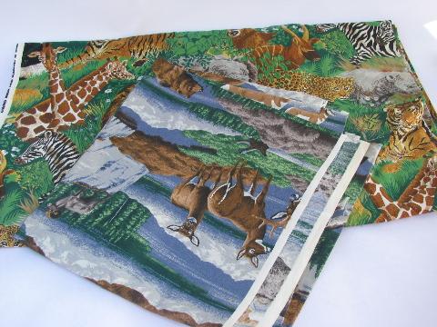 photo of 80s wildlife print cotton fabric, African safari animals, American wolves & bears #1