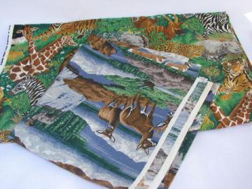 catalog photo of 80s wildlife print cotton fabric, African safari animals, American wolves & bears