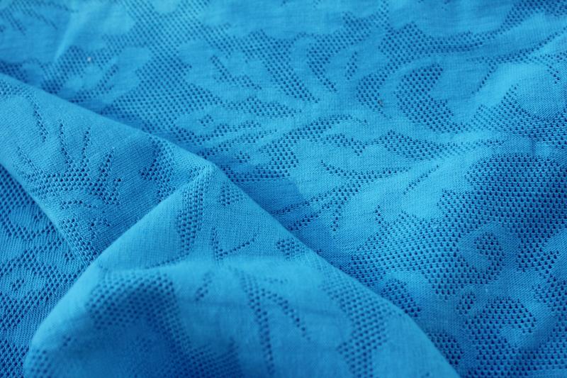 photo of 90s retro aqua blue jersey knit cotton poly fabric, floral lace allover pattern #2