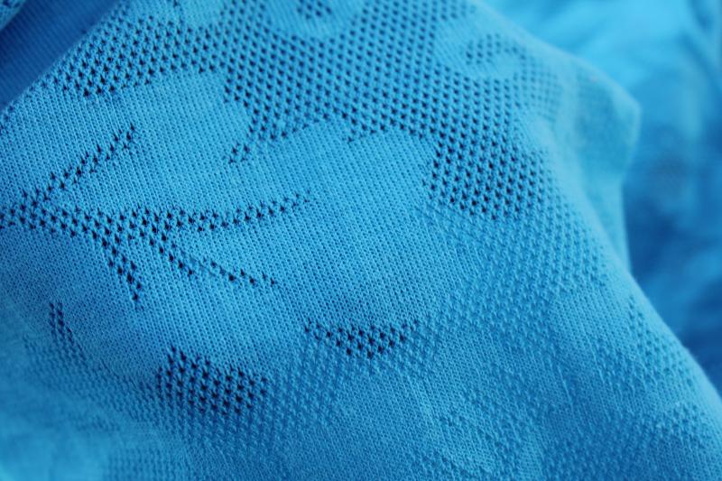 photo of 90s retro aqua blue jersey knit cotton poly fabric, floral lace allover pattern #3