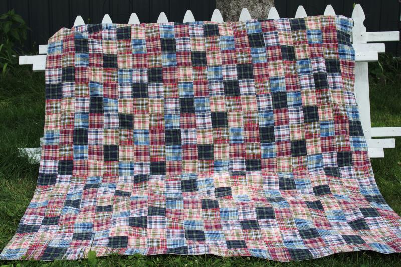 photo of 90s retro madras plaid cotton patchwork quilt or bedspread, vintage preppy decor #1