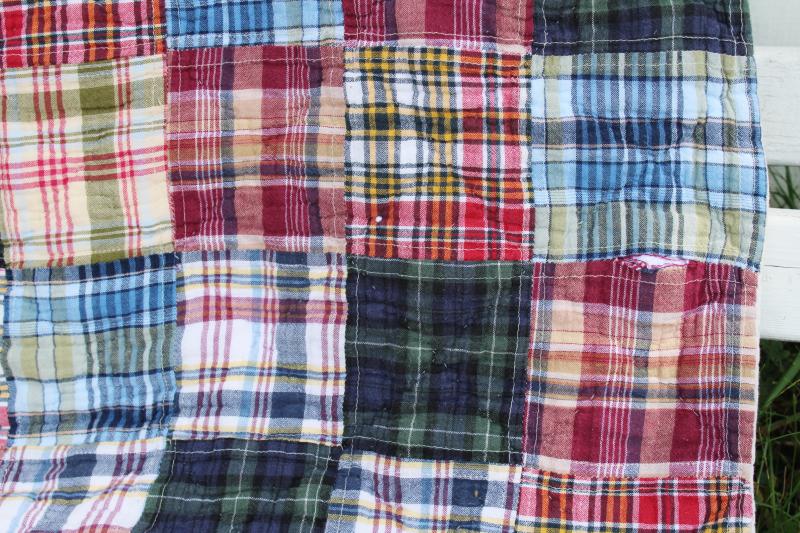 photo of 90s retro madras plaid cotton patchwork quilt or bedspread, vintage preppy decor  #2