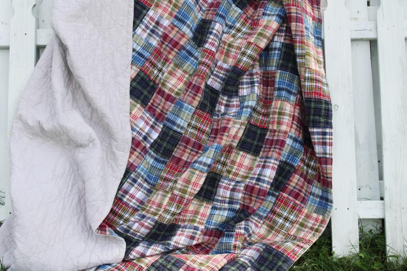 photo of 90s retro madras plaid cotton patchwork quilt or bedspread, vintage preppy decor  #7
