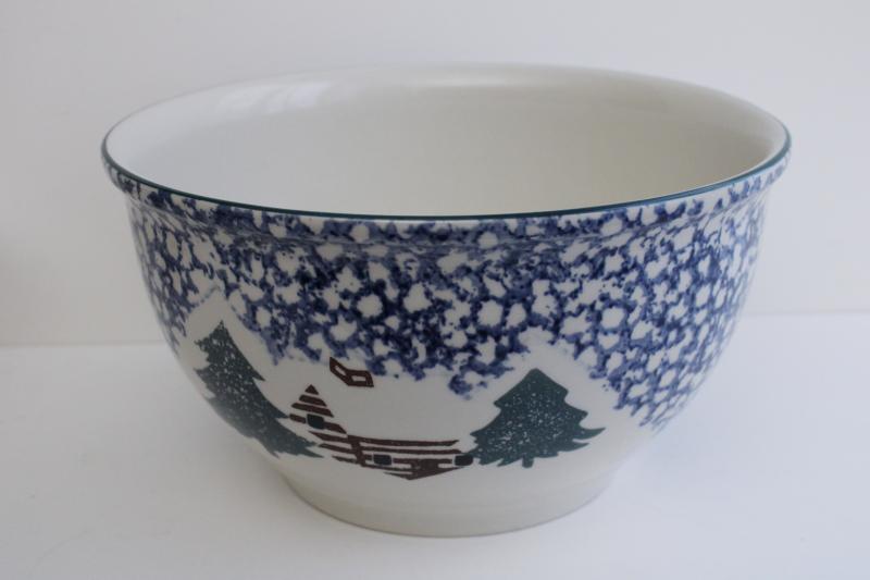 photo of 90s vintage Cabin in the Snow Folk Craft sponge ware stoneware bowl, big mixing bowl #1