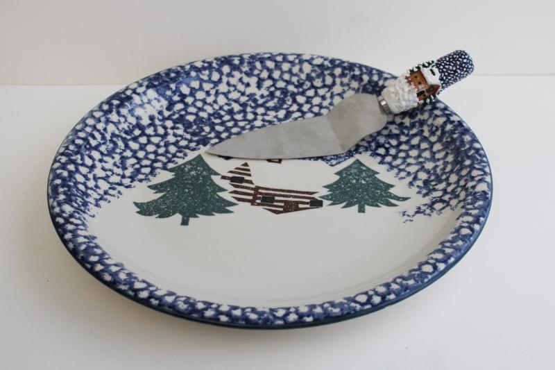 photo of 90s vintage Cabin in the Snow Folkcraft sponge ware stoneware cake plate w/ server #1