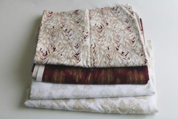 90s vintage Christmas fabric lot, burgundy red, gold & silver metallic prints all trees 