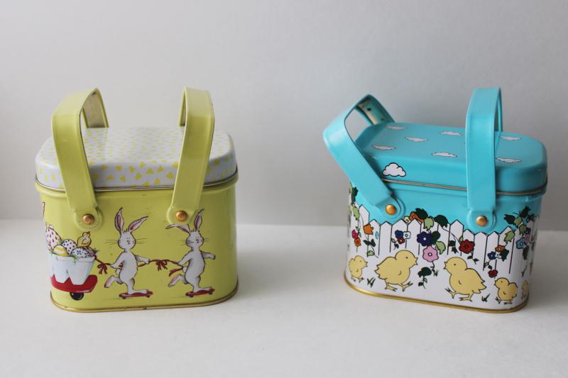 photo of 90s vintage Easter bunny chicks print tins, metal picnic baskets w/ handles #1