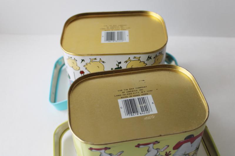 photo of 90s vintage Easter bunny chicks print tins, metal picnic baskets w/ handles #3